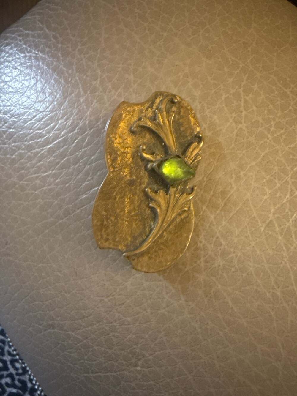 Antique Art Nouveau Brass Sash Brooch with Peridot Green Glass Stone